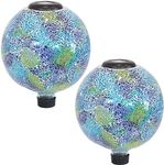 Sunnydaze Azul Terra 10-Inch Crackled Glass Garden Gazing Globe with LED Solar Light - Set of 2