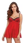 Dreamgirl Women's Flirty Mesh & Lace Babydoll with Matching G-String Nightgown, Ruby, S