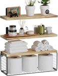 ZVZM Floating Shelves, Rustic Shelves for Wall, Bathroom Shelves Over Toilet, Kitchen Shelves with Wire Storage Basket, Bathroom Shelf, Wall Shelves Decor for Living Room/Office/Plants Shelves.