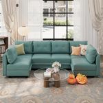 LLappuil Modular Sectional Sofa with Storage Seat, Convertible 112 Inch U Shaped Sectional Sleeper Sofa, Reversible 6 Seater Faux Leather Fabric Couch, Aqua Blue