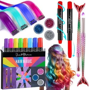 Jim&Gloria Dustless Hair Chalk for Girls With Clip-on Colored Hair, Brushes and Glitters, Temporary Color Dye For Kids, Gifts for Teen Girl Trendy Stuff, Teenage Age 7 8 9 10 11 12 13 14 Year Old Gift