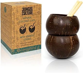 Jungle Culture® Real Coconut Shell Cups for Malibu Cocktails & Smoothies • Small Coconut Bowls & Bamboo Straws • Natural Wooden Cup • Drinking Mugs/Tumblers for Party • Zero Waste Sustainable Gifts