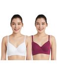 Amazon Brand - Symbol Women's Cotton Wire Free Casual Padded Bra (Pack of 2) (AW23-L-WBRA-101-PO2_Wine-White