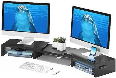 BONTEC Support Moniteur avec 3 Niveaux, Support Écran PC Réglable en Longueur, Support Bureau pour Moniteur Double, Support Ordinateur Portable avec Rangement, Noir