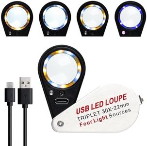 JuviPerpric 30X Jewelers Loupe with UV & LED Lights with Four Light Modes,22mm Portable Pocket Folable Loupe Jewelry Magnifier for Jewelry, Rocks, Coins (Sliver)