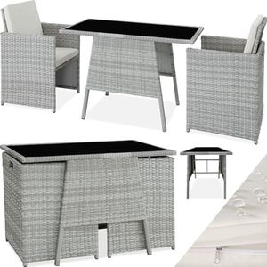 TecTake® Conjunto Jardín Exterior de Ratán y Aluminio, Muebles Jardín Exterior Resistente a la Intemperie, 2 Sillas con Cojines, Mesa Cristal con Florero, Apilable, Fundas Extraíbles - Gris Claro