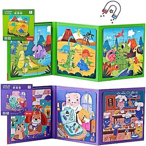 shineFinder Juego magnético Rompecabezas - Juegos de Viaje niños de 3 4 5 años - para la ocupación en el avión/Coche Paseo niños (2pcs, Dino + Trabajo)