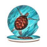 Colorful Ocean Turtle Fish Car Cup Holder Coasters,Ceramic Absorbent Cup Holders with Finger Notch & Cork Base Car Assecories for Women/Men 2.6"(2 Pieces)