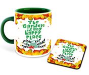 Whats Your Kick Gardening Inspiration Printed Dark Green Inner Colour Ceramic Coffee Mug with Coaster- Gardening Quotes, Plants, Best Gift | Gardening, Horticulture, Plants, Weed, Nature (Multi 9)