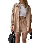 Geagodelia Women's 2 Pieces Outfit Summer Ladies Co Ord Set Button Down Shirt Top + Shorts Y2k Aesthetic Clothes Loungewear Streetwear Workout (A - Khaki, L)