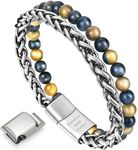 murtoo Mens Bead Leather Bracelet, Natural Bead, Steel and Leather Bracelet for Men Christmas Gift (Blue&Yellow 8.07")