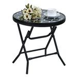 PHI VILLA Folding Side Table, Foldable Coffee Table, Outdoor Garden Table, Small Round Patio Table - Black