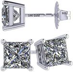 Central Diamond Center 14K Gold Posts & Sterling Silver Princess Cut CZ Stud Earrings - 5.5mm 2.00cttw - Platinum Plated