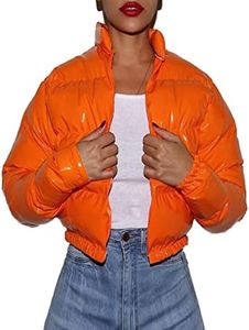 Flygo Women's Shiny Cropped Puffer Jacket Quilted Winter Zip Up Bubble Puffy Coat(Orange-M)