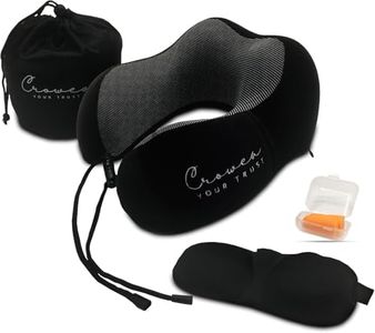 Crowea Travel Pillow - 100% Pure Memory Foam Neck Pillow with 360 Degree Comfortable & Breathable Head Support, Includes Luxury Bag, Sleep Mask & Earplugs for Airplane, Car, Train and Bus (Black)