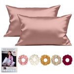 VYBBA Satin Silk Pillow Covers for Hair and Skin Set of 2 Piece with 5 Piece Satin Silk Scrunchies for Women Stylish | Satin Pillow Cover | Silk Pillow Cases 600 TC (Rustic Rosewood)