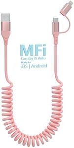 2 in 1 USB C and Lightning Cable [MFi Certified] 60W Fast Charging & Data Sync Apple CarPlay & Android Auto,Coiled Multi Charging Cable Combo Lightning/Type C for iPhone/Android/iPad/Laptop-Pink
