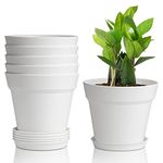 T4U 12.5CM Plastic Plant Pots 6-Pack, Small Flower Pot with Drainage Hole and Saucer, Classic Indoor Outdoor White Plant Pots for Succulent, Snake Plant, Aloe Vera and All House Plants