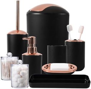 9-Piece Black Bathroom Accessories Set - Trash Can, Soap Dispenser Set, Soap Dish, Toilet Brush with Holder, Toothbrush Holder, Tumbler Cup, Tray, Q-Tip Holders, Bath Countertop Essentials