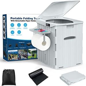 XL Portable Toilet for Adults, Extra Large 15.4"H Foldable Camping Toilet with Detachable Phone Shelf and Toilet Paper Holder, Waterproof Porta Potty with Lid for Camping, Hiking, Long Road Trips, Car, Grey