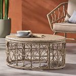 Sybrioka Oval Rattan Coffee Table Farmhouse Weave Living Room Table, 32.5" Small Center Table Outdoor Patio Coffee Table Bohemian Style