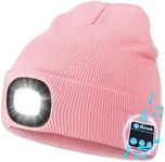 Wmcaps Bluetooth Beanie with a Light, Unisex USB Rechargeable 4 LED Fashlight Hat with Cordless Headphones, Unique Christmas Birthday Gifts for Men Him Husband Teen Pink