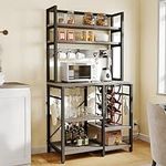 YITAHOME Coffee Bar w Power Outlet, Small Kitchen Microwave Stand Bakers Rack, Freestanding Appliance Storage Shelves 6 Tier w Hooks & Cup Glass Holder 31.5", Oak Gray