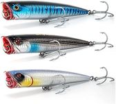 Dr.Fish Topwater Popper Saltwater Fishing Lures, 5.5 Inches GT Popper VMC Treble Hooks Surf Fishing Lures for Stripr Pike Salmon Lures Bass Popper Fishing Plugs Offshore 3 Pack