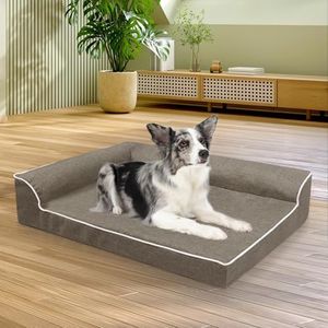 PaWz Orthopedic Dog Bed, Dog Cat Memory Foam Anxiety L-Shape Pet Sofa Bed for Medium Large Dogs, Cool Mattress Cushion Neck Support Egg Foam Couch Bed, Pet Crate Bed with Waterproof Lining, XL, Coffee