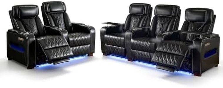 GUEAPY Power Reclining Home Theater Seating, 5 Seat Theater Recliner with Adjustable Headrest, Swivel Tray Tables, USB & Type-C Charging, Storage Console, LED Lights, Black
