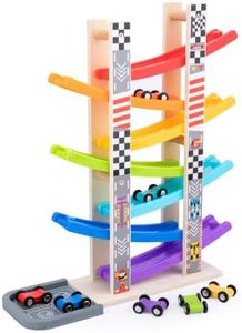 Wood City Toddler Toys for 1 2 3 Years Old, Wooden Car Ramp Racer Toy Vehicle Set with 7 Mini Cars & Race Tracks, Montessori Toys Craft Gift for Toddlers Boys and Girls