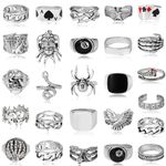 Acruccen 26 Pcs Vintage Silver Punk Rings Set for Men Cool Gothic Chunky Rings Statement Snake Wing Signet Ring Set, Metal, No Gemstone