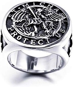 St. Michael Ring for Men, Vintage Cross Ring, Saint Michael The Archangel Defeating Satan Figurine Amulet Ring, Religious Ring, Punk Christian Faith Jewelry for Men Boys (Q)