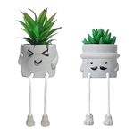 Artificial Plants Indoor, Fake Succulent Plants with Hanging Leg, Plant Pots with Creative Emotional Cement, Faux Plants Home Decor for House Office Bedroom Living Room Table Desk Shelf (2Pcs-Style 2)