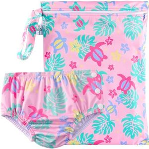 Reusable Swim Nappy with BONUS Wet Bag (SMALL 4.5-7kg/ 0-6mths/ Size 000-00) Premium Cloth Baby Girl Swimming Diaper TROPICAL TURTLES-S