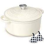 Enameled Cast Iron Dutch Oven - Umite Chef 5QT Pot with Lid & Cotton Potholders - Heavy-Duty Cookware for Bread Baking, Braising, Stews, Roasting (Cream White)