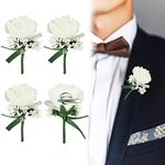 AFASOES 4pcs Wedding Boutonniere White Rose Boutonniere Handmade Corsage Buttonhole Flowers with Pin and Clip Artificial Wedding Flower Accessories for Men Groom Bride Suit Dress Banquet Party Decor