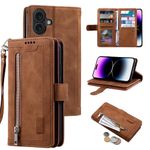 EYZUTAK Wallet Phone Case for iPhone 16, Retro Matte 9 Card Holder Slots Zipper Pocket Handbag Case PU Leather Magnetic Closure Kickstand with Wrist Strap Flip Purse Case - Brown