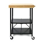 Origami Foldable Wheeled Portable Steel Frame and Solid Wood Top Kitchen Island Bar Cart with Open Shelving and Built In Towel Rack, Black