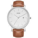 BUREI Men's Fashion Minimalist Wrist Watch Analog Date with Leather Strap (Silver Brown)