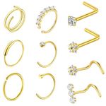 jagosen Gold Nose Ring Stud 10pcs 20g 22g Gold Diamond Double Nose Septum Rings Hoop Hypoallergenic Corkscrew L Shape Lip Ring Nose Piercing Jewellery For Women Men