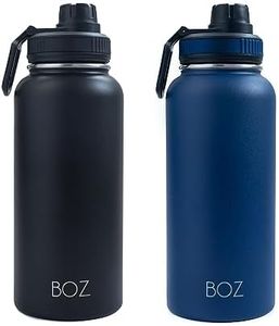 BOZ Stainless Steel Water Bottles 2 Pack Bundle - Blue Water Bottle + Black Water Bottle - Vaccum Insulated Water Bottles 32 Oz - Wide Mouth BPA Free Sport Water Bottles for Gym with Spout Lid