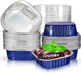 Geiserailie 40 Sets Square Aluminum Foil Cake Pan 130 ml/ 4.4 Ounces Mini Cupcake Cup Pan with Lids Disposable Dessert Pans Flan Baking Cups for Wedding Birthday Party(Dark Blue)