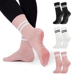 Womens Yoga Sock Grips Socks Non Slip Pilates Socks Fashion Gripper Skid Slipper Barre Dance 3 Pack Black&White&Pink One Size