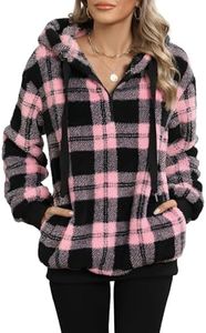 Yanekop Fleece Hoodie Women Oversized Hoodies Fleece Pullover Women Gift Ideas Sherpa Lined Sweatshirt(B Pink Black Plaid,XL)
