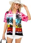 LA LEELA Women's Hawaiian Short Sleeve Blouse Shirt XXL Palm Tree View Pink