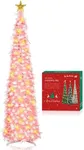 HMASYO 5 FT Pop Up Christmas Tree with Timer Lights, Pink Tinsel Snowflake Christmas Tree, Collapsible Artificial Pencil Tree Xmas Decoration for Home, Office, Party, Easy Assembly
