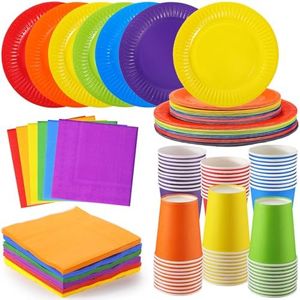 Geosar 240 Pieces Rainbow Party Tableware 60 Set Colorful Paper Plates and Napkins 9oz Paper Cups Complete Pack Disposable Dinnerware Set for Neon Rainbow Birthday Party Decorations Supplies