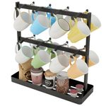 YUMORE Coffee Mug Holder Stand,16 Cup Hooks Countertop Mug Tree Holder Rack with Storage Base 2 Tier Counter Cups Mugs Display Storage Organizer for Kitchen Tea Coffee Bar, Black, Metal