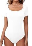 LAOLASI Women Plus Size Scoop Neck Bodysuits Short Sleeve Casual Slim Fit Body Suit Body suits Tops Basic T-Shirt,White,2X-Large